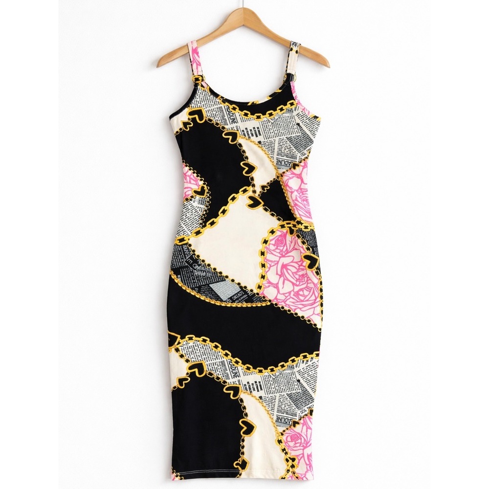 Jolie & Joy Bodycon Dress Womens Small Black Floral Chain Y2K Party Graphic Midi